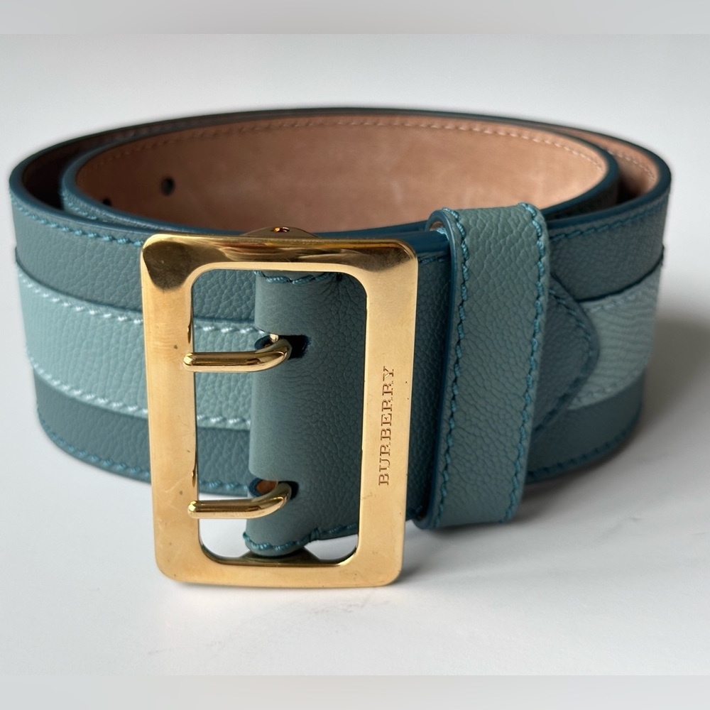 Burberry Leather Dress Top Blouse Belt Pale Blue Turquoise Gold Buckle